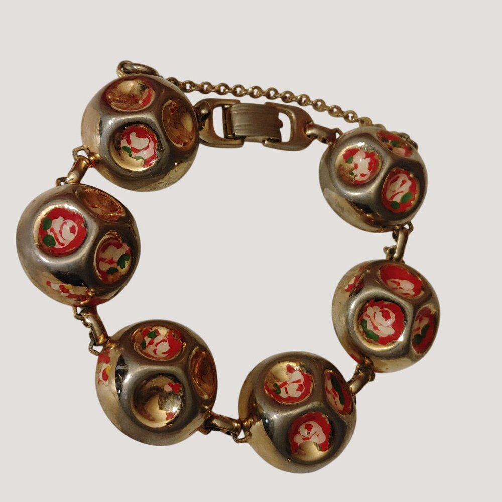 Vintage Marino Silver Tone Bracelet Floral Enamel Accents Chain Closure